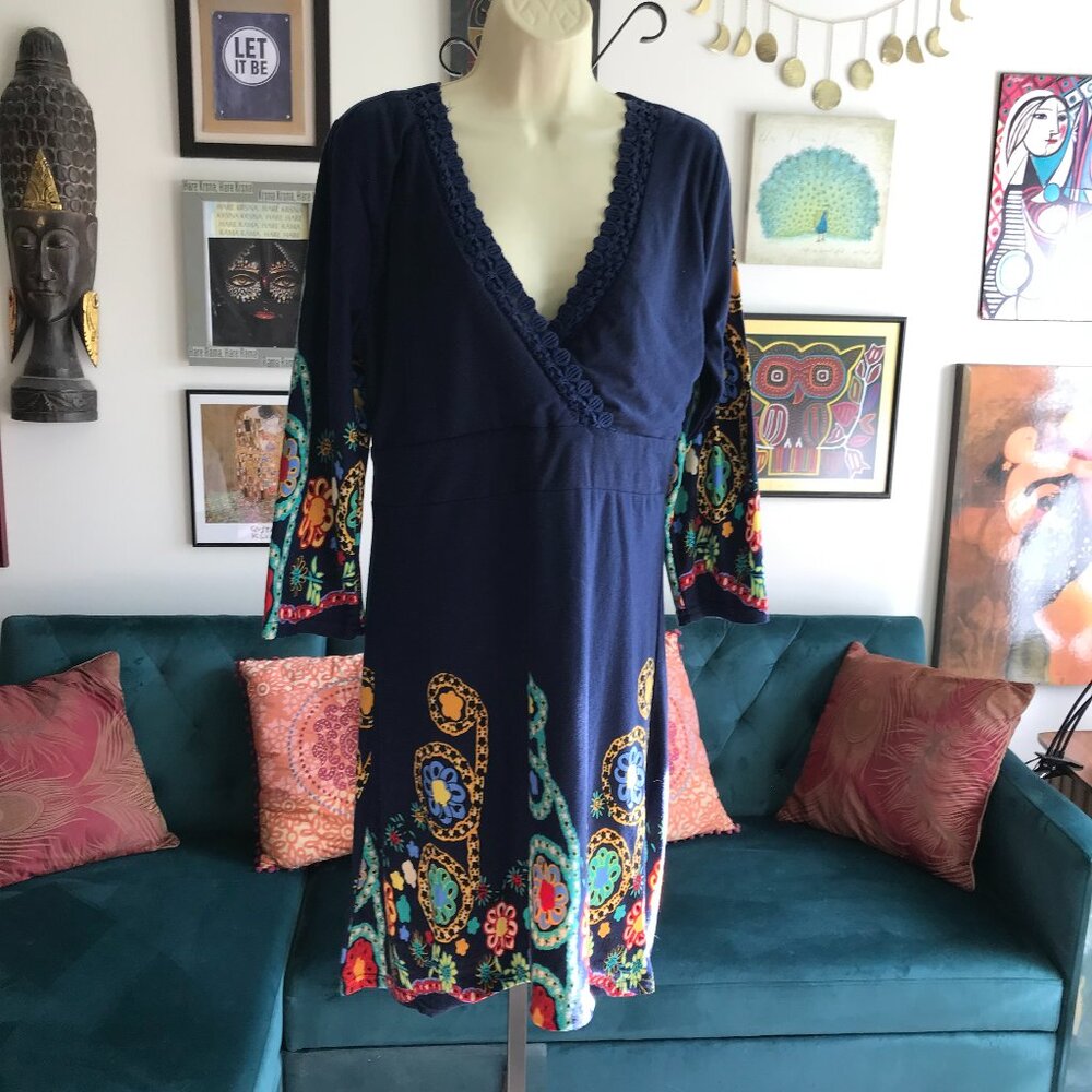 REBORN size XL Navy Blue Colorful Floral Print Stretch Knit Surplice Dress